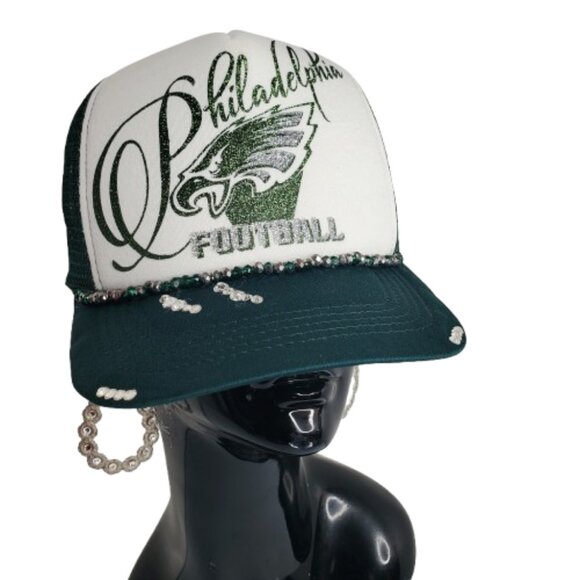 Philadelphia Football Green & Wht Fitted Adj. Cap Beads,Shiny Ltrg & Swark Cry. - Picture 3 of 7